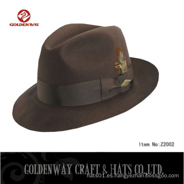 Custom Vintage retro al por mayor de lana clásica sensación de color marrón de las mujeres de ala sombrero Fedora sombrero con plumas